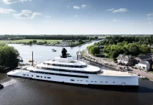 Feadship Project 824 emerges from the facility at Kaag