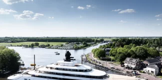 Feadship Project 824 emerges from the facility at Kaag